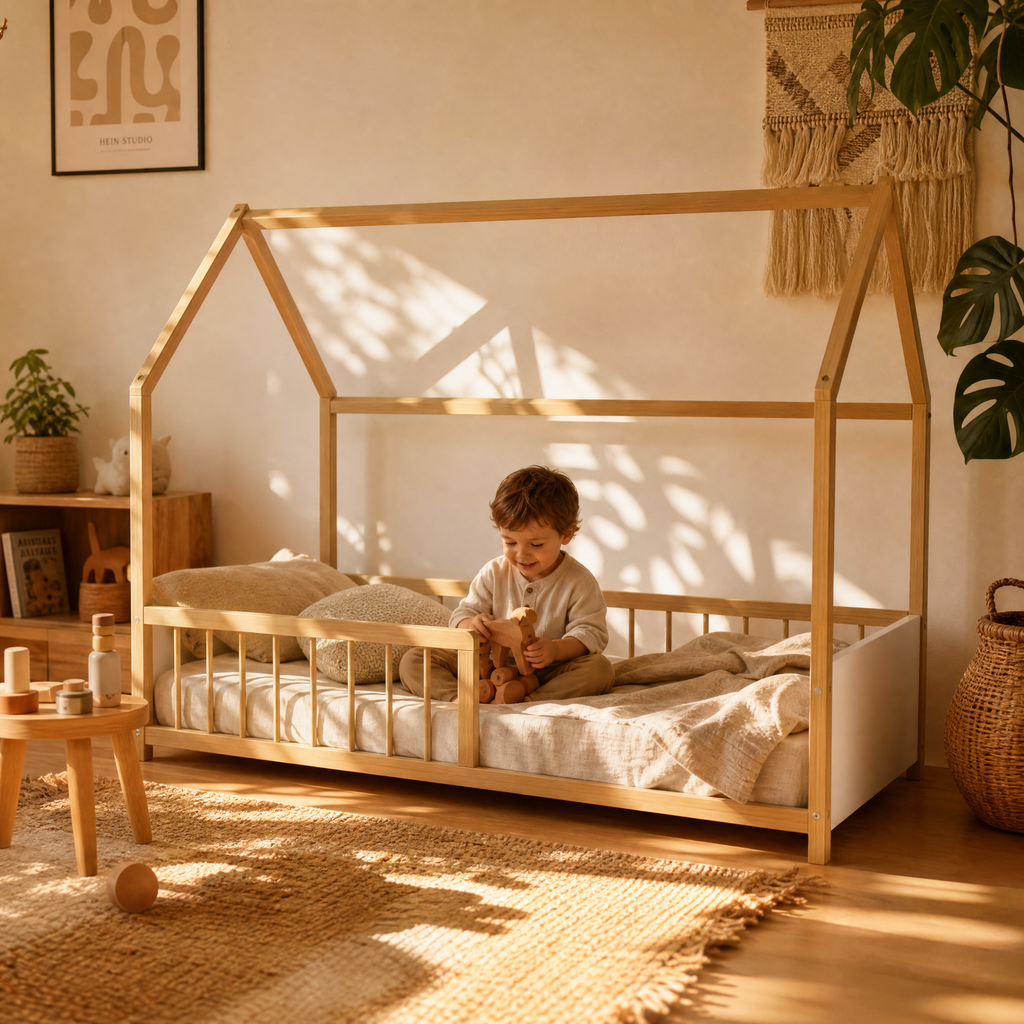 Lit Cabane BALOO 90x190 - Blanc et Bois Clair + Barrière + Sommier Inclus
