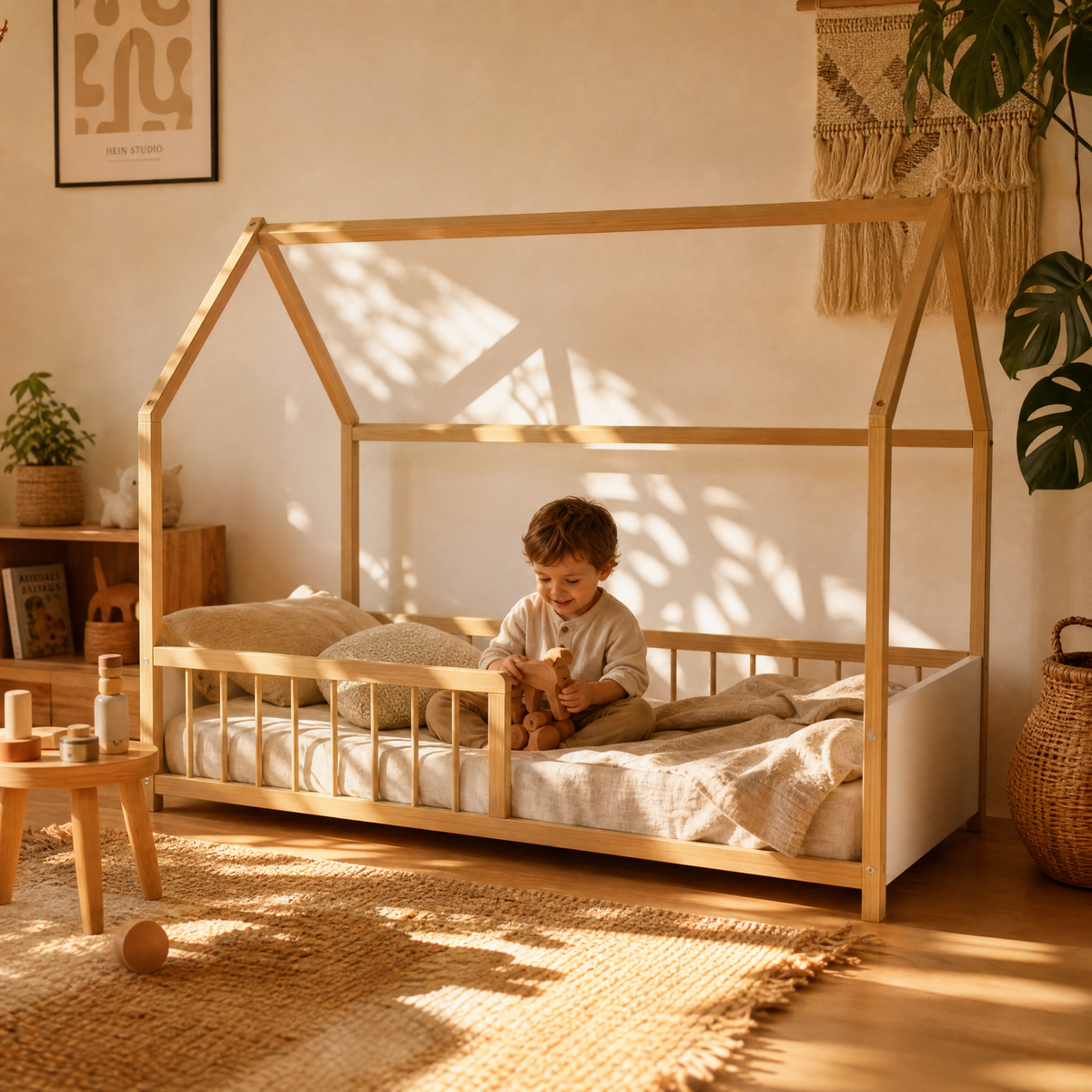 Lit Cabane BALOO 90x190 - Blanc et Bois Clair + Barrière + Sommier Inclus