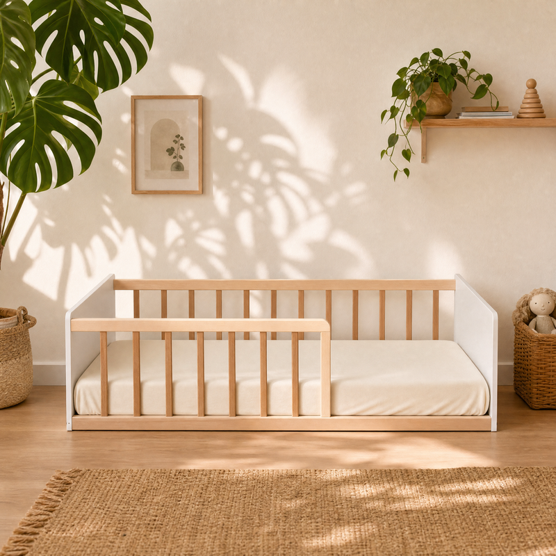 Lit Montessori PILOU Bois Clair et Blanc + Sommier Inclus