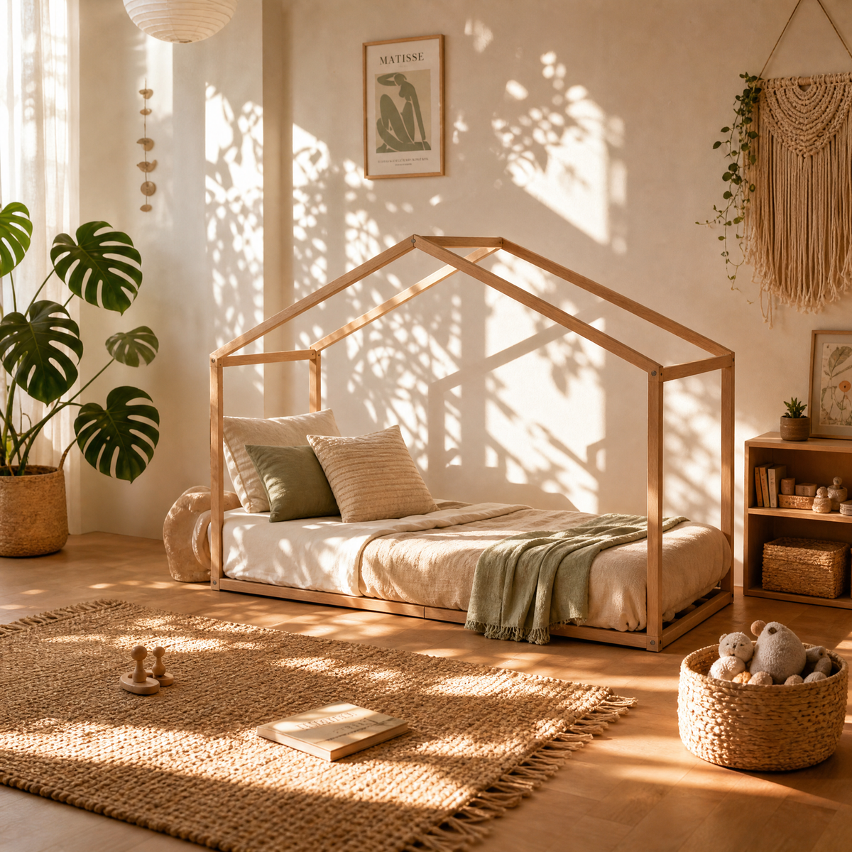 Lit Cabane WENDY 90x190 - Bois Clair Naturel + Sommier Inclus