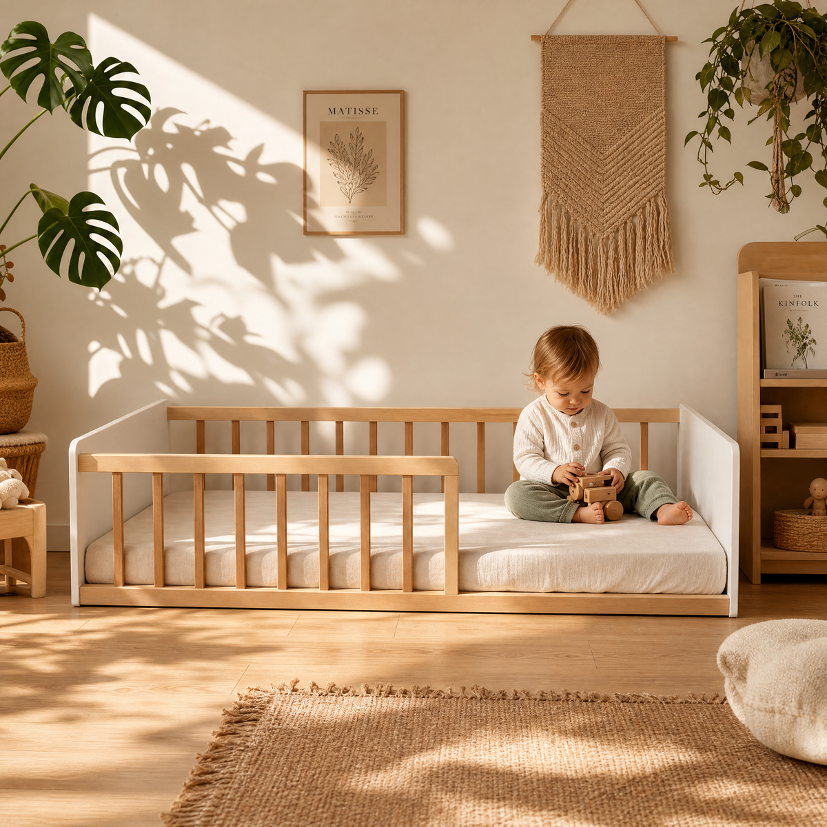 Lit Montessori PILOU Bois Clair et Blanc + Sommier Inclus