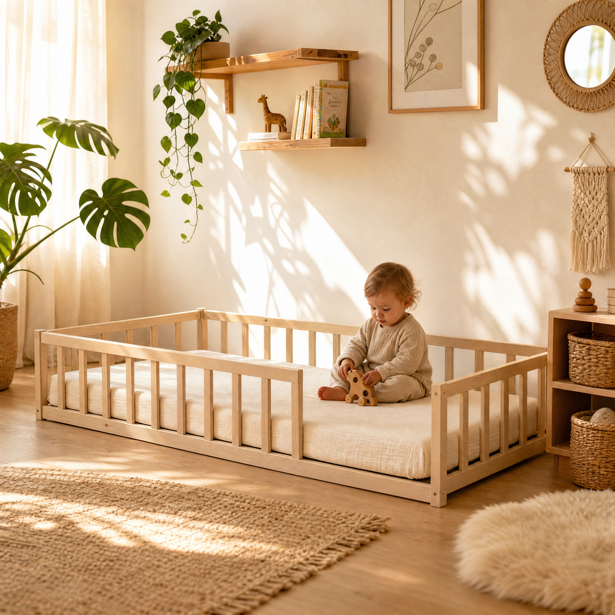 Lit NINO 90x190 - Blanc + Barrière de Sécurité + Sommier Inclus