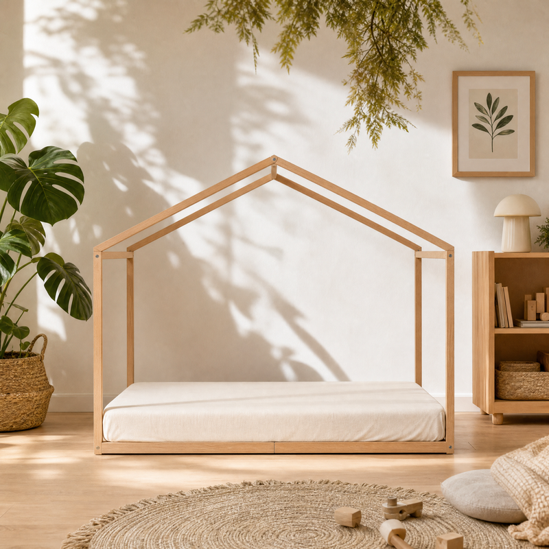 Lit Cabane WENDY 90x190 - Bois Clair Naturel + Sommier Inclus