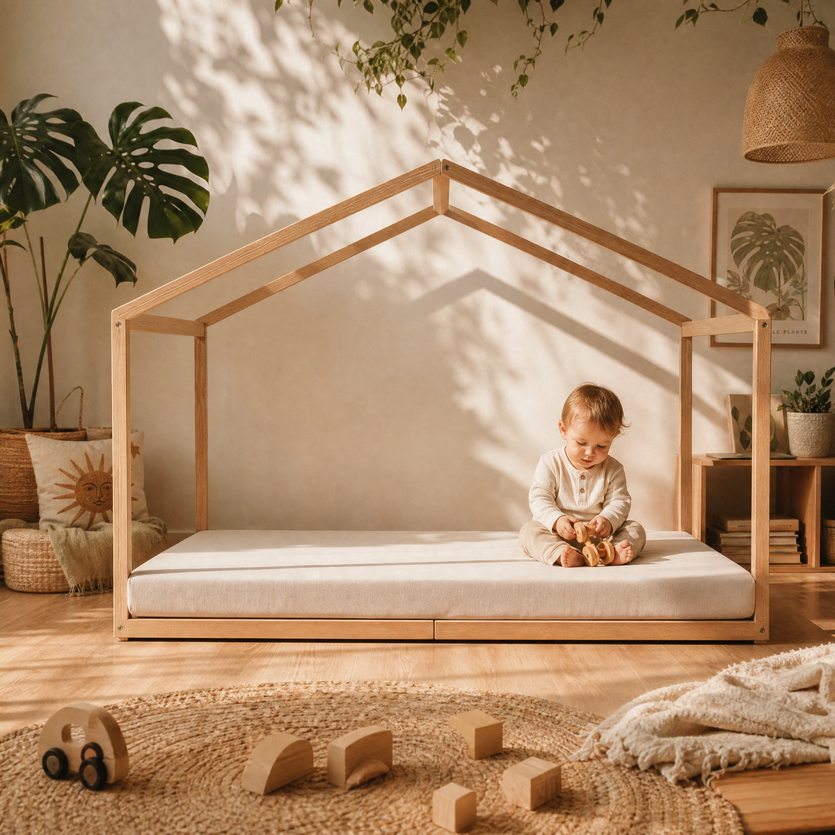 Lit Cabane WENDY 90x190 - Bois Clair Naturel + Sommier Inclus