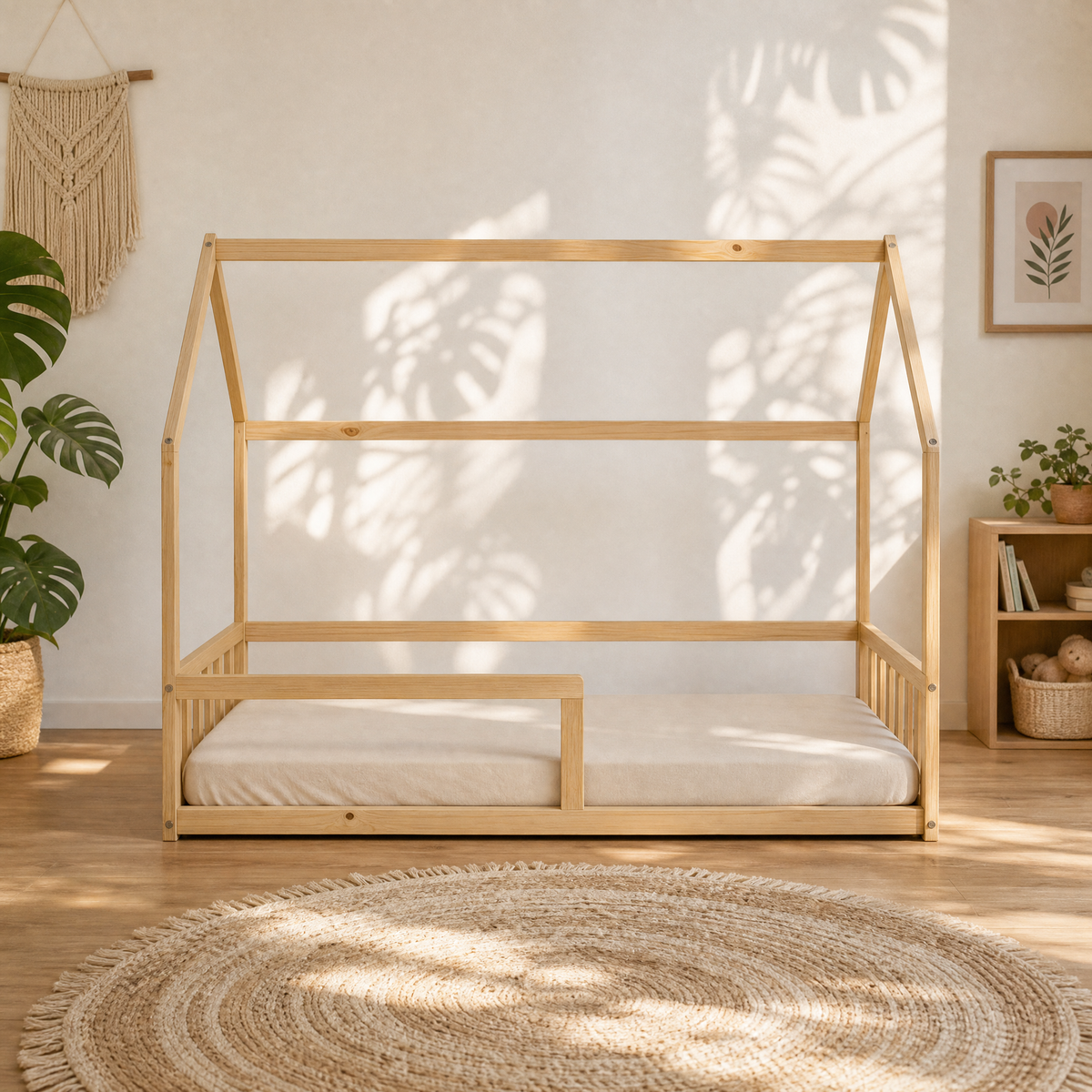 Lit Cabane NEMO 90x190 - Bois Clair Naturel + Barrière + Sommier Inclus