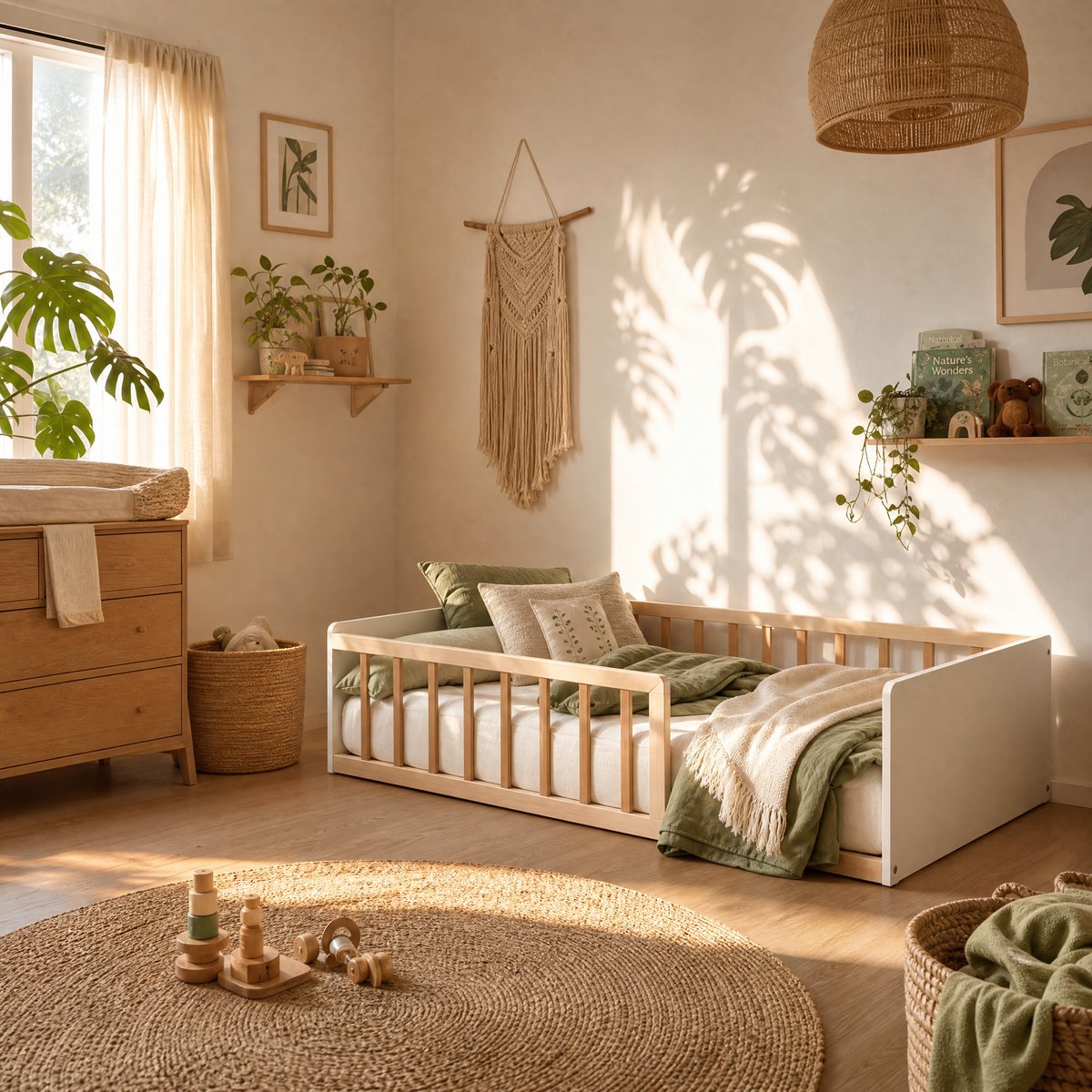 Lit Montessori PILOU Bois Clair et Blanc + Sommier Inclus