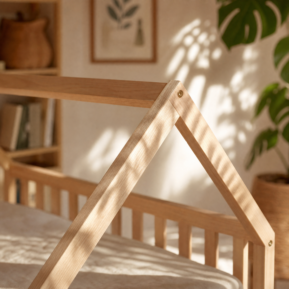 Lit Cabane KIWI 90x190 - Bois Clair Naturel + Barrière + Sommier Inclus