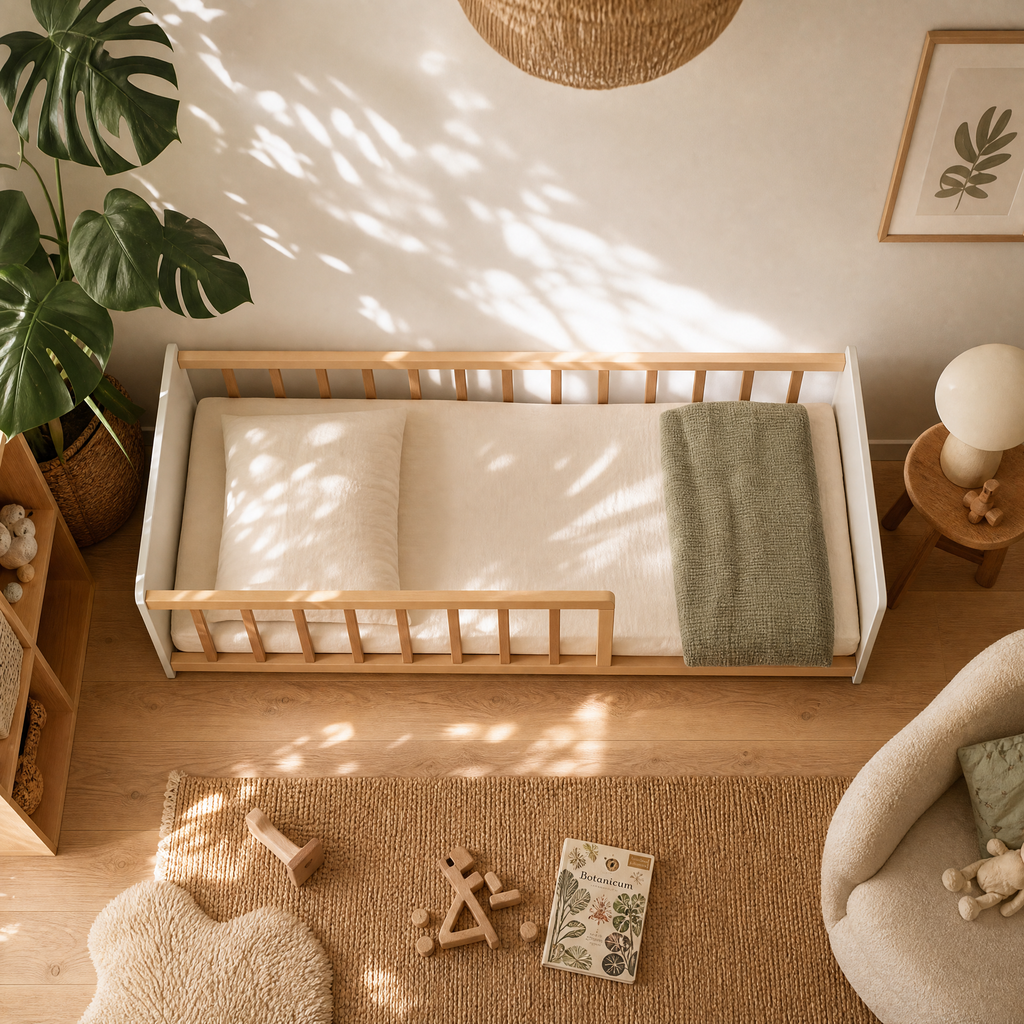 Lit Montessori PILOU Bois Clair et Blanc + Sommier Inclus