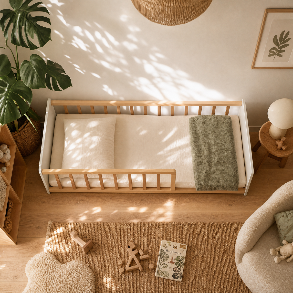 Lit Montessori PILOU Bois Clair et Blanc + Sommier Inclus