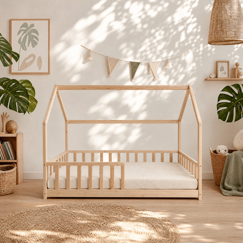 Lit Cabane KIWI 90x190 - Bois Clair Naturel + Barrière + Sommier Inclus