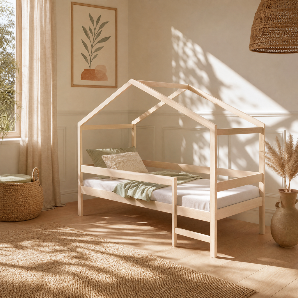 Lit Cabane MIKA 90x190 - Bois Massif Naturel + Sommier Inclus