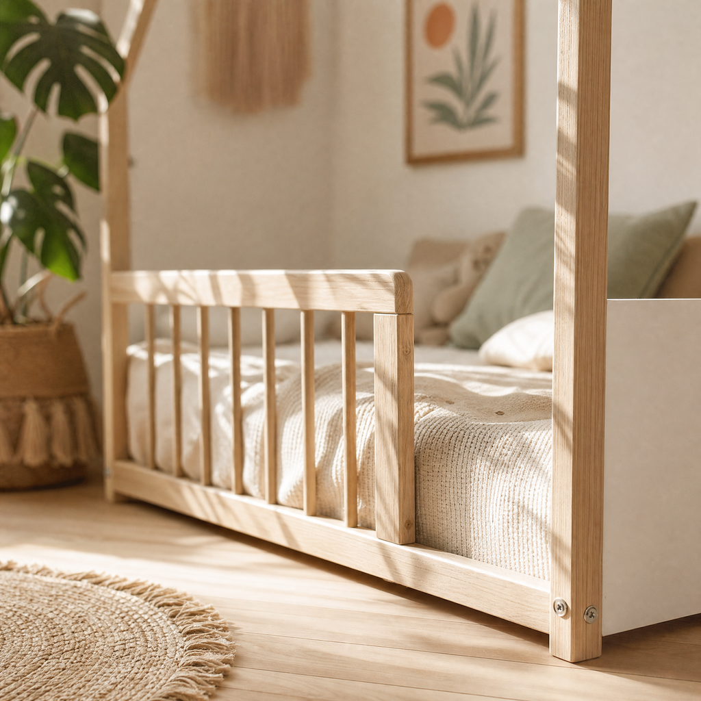 Lit Cabane BALOO 90x190 - Blanc et Bois Clair + Barrière + Sommier Inclus