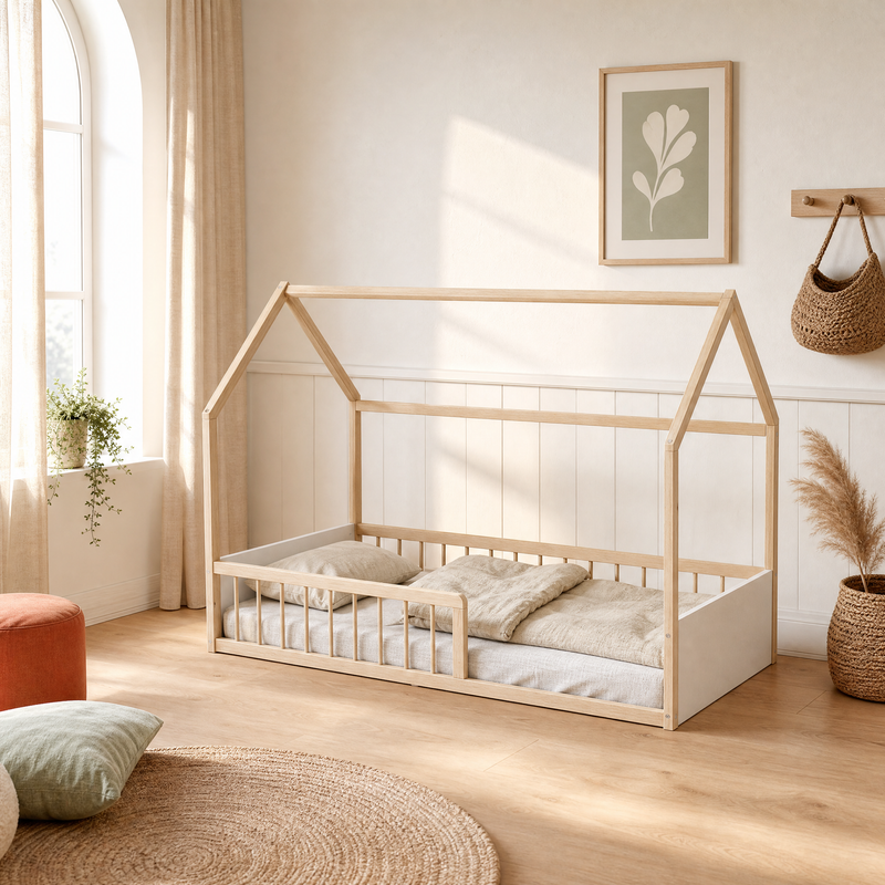 Lit Cabane BALOO 90x190 - Blanc et Bois Clair + Barrière + Sommier Inclus
