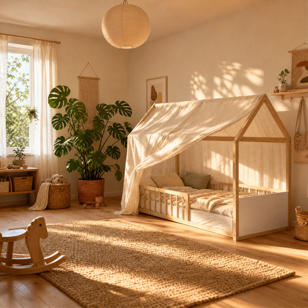 Lit Cabane BALOO 90x190 - Blanc et Bois Clair + Barrière + Sommier Inclus