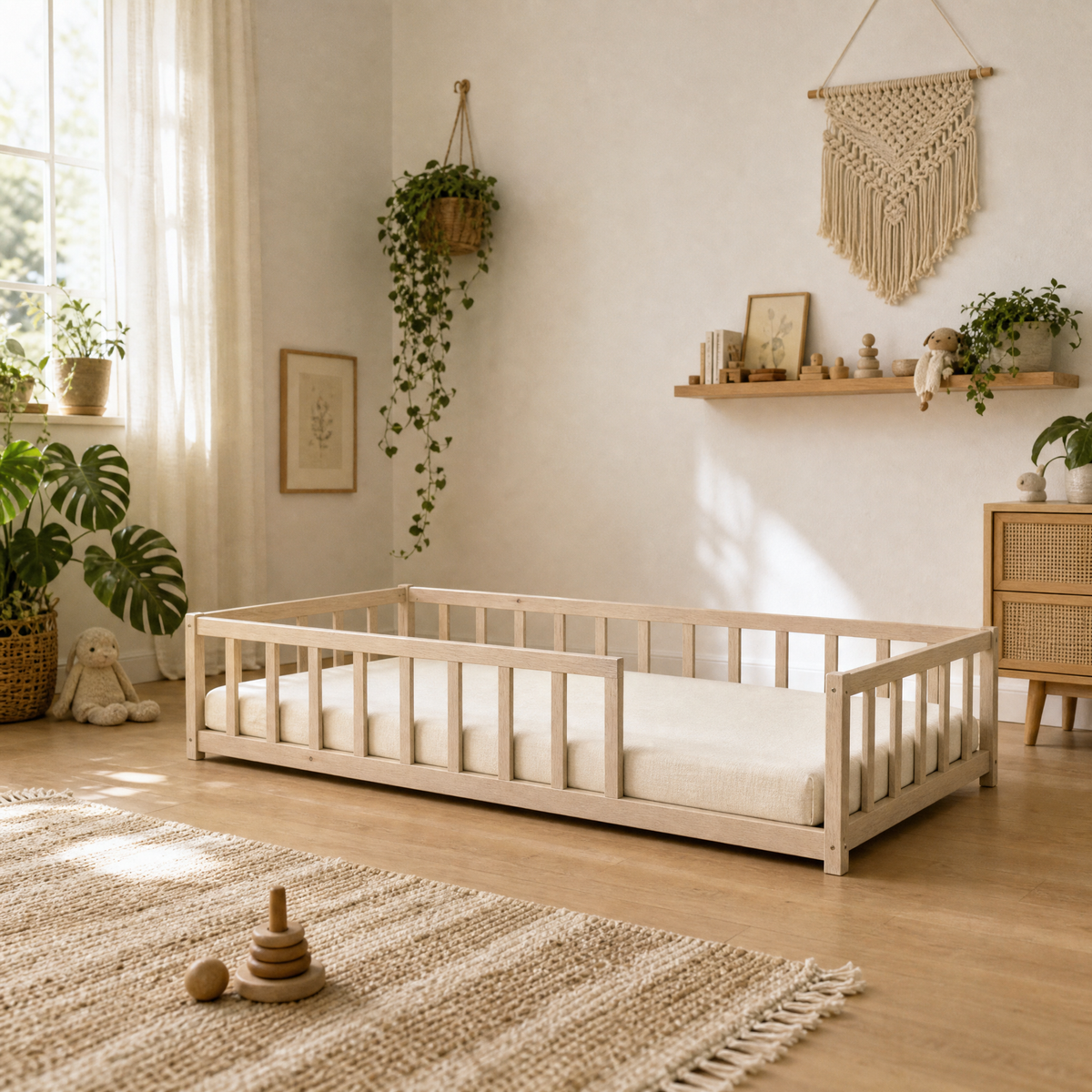 Lit NINO 90x190 - Blanc + Barrière de Sécurité + Sommier Inclus