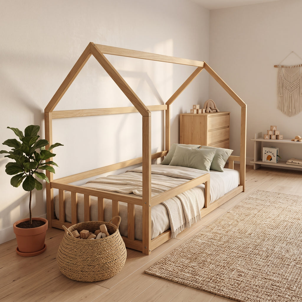 Lit Cabane NEMO 90x190 - Bois Clair Naturel + Barrière + Sommier Inclus