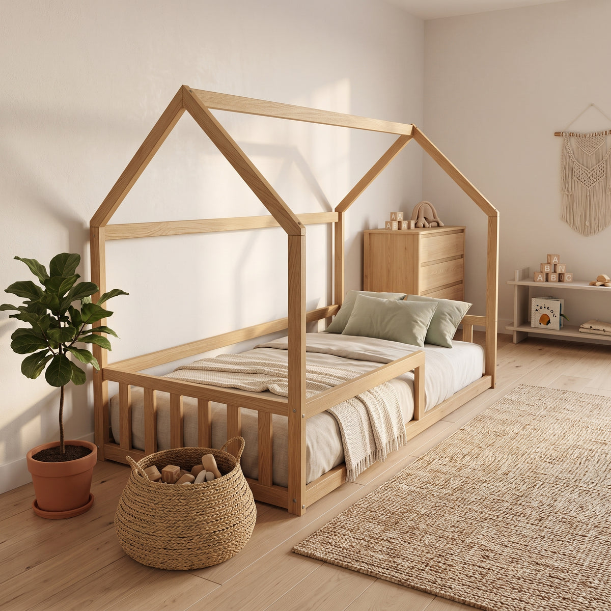 Lit Cabane NEMO 90x190 - Bois Clair Naturel + Barrière + Sommier Inclus