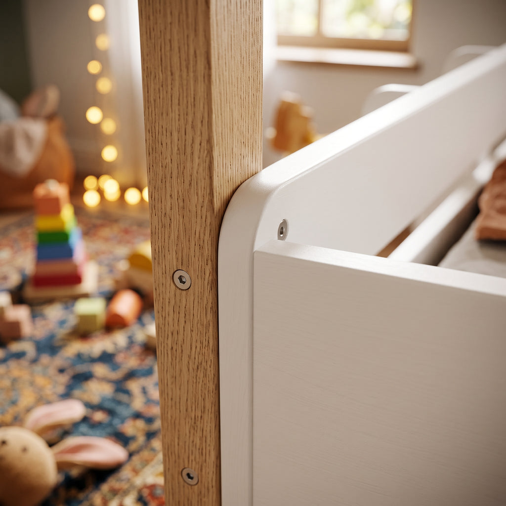 Lit Cabane PILOTI 90x190 - Blanc et Bois Clair + Sommier Inclus