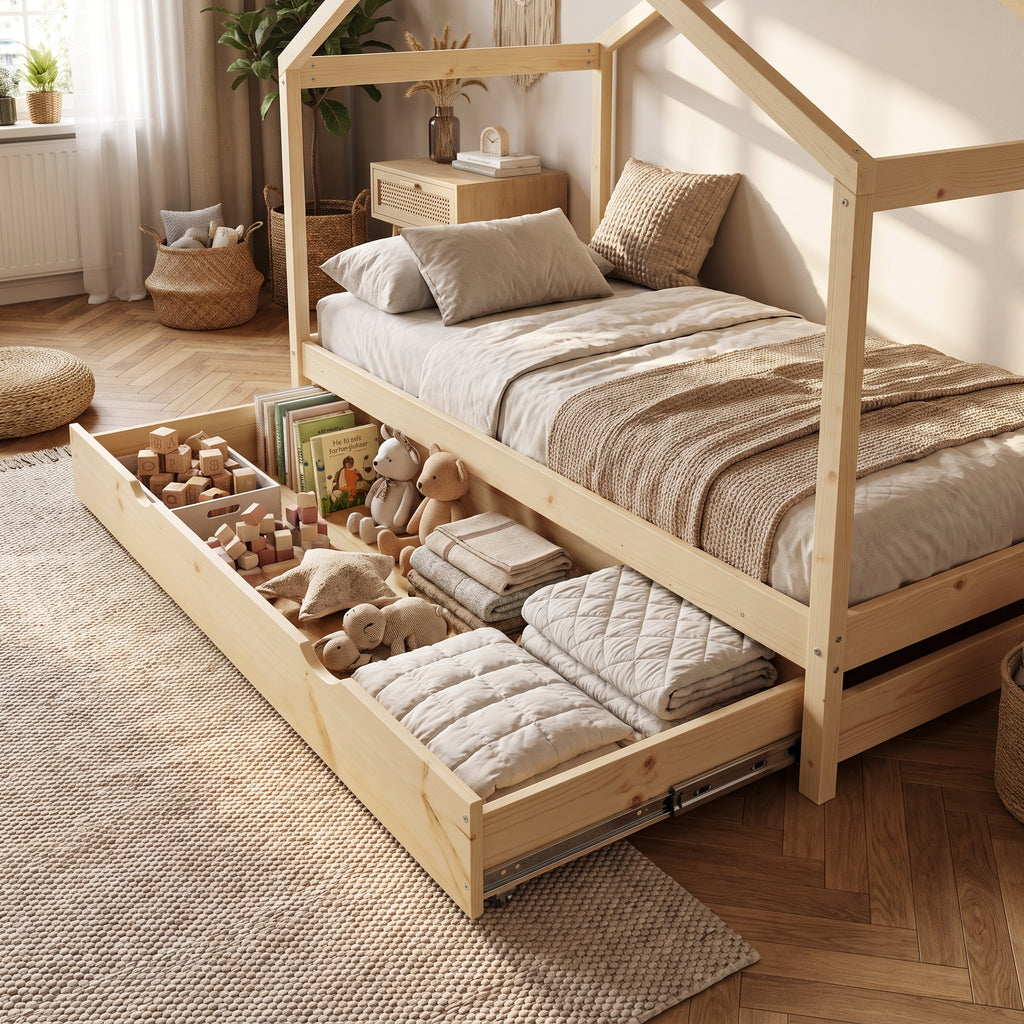Lit Cabane KOALA 90x190 - Bois Clair Naturel + Tiroir + Sommier Inclus