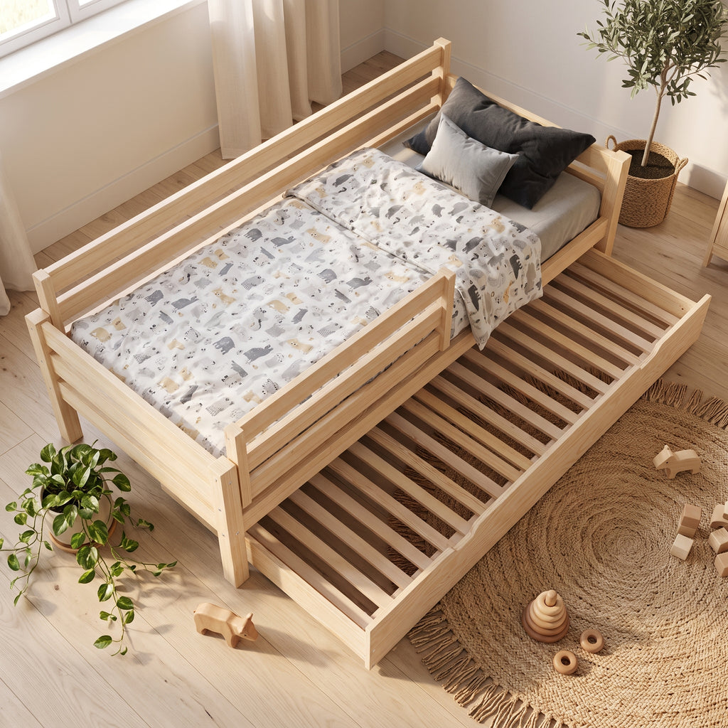 Lit enfant Montessori LENI avec tiroir – Barrière amovible et bois massif