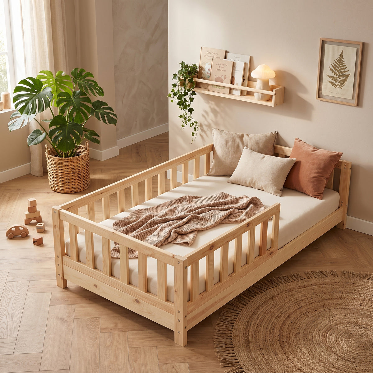 Lit Montessori - TIMO 90x190 - Bois Naturel avec Barrières de Sécurité