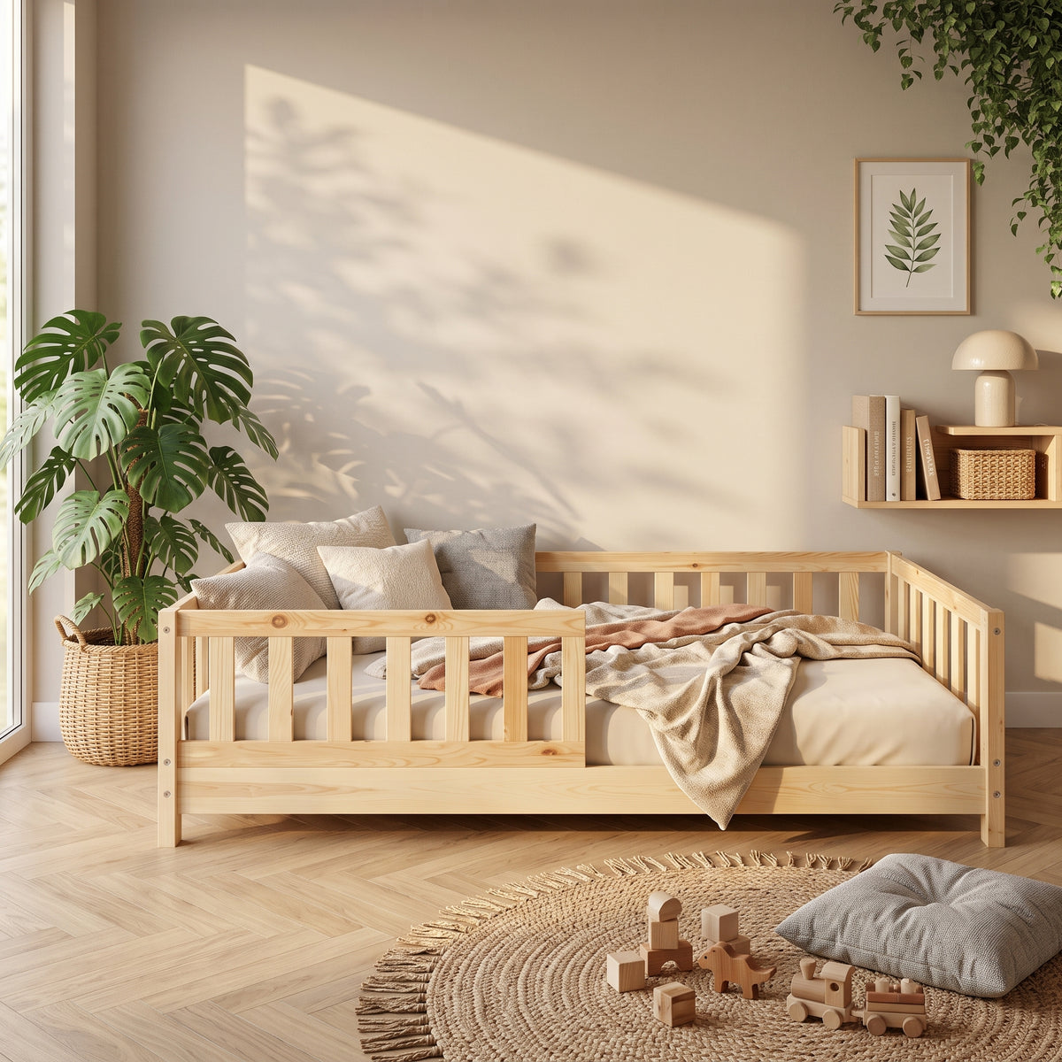Lit Montessori - TIMO 90x190 - Bois Naturel avec Barrières de Sécurité