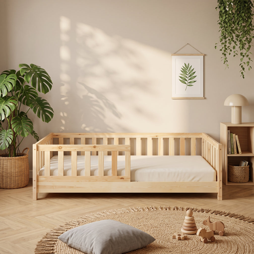 Lit Montessori - TIMO 90x190 - Bois Naturel avec Barrières de Sécurité
