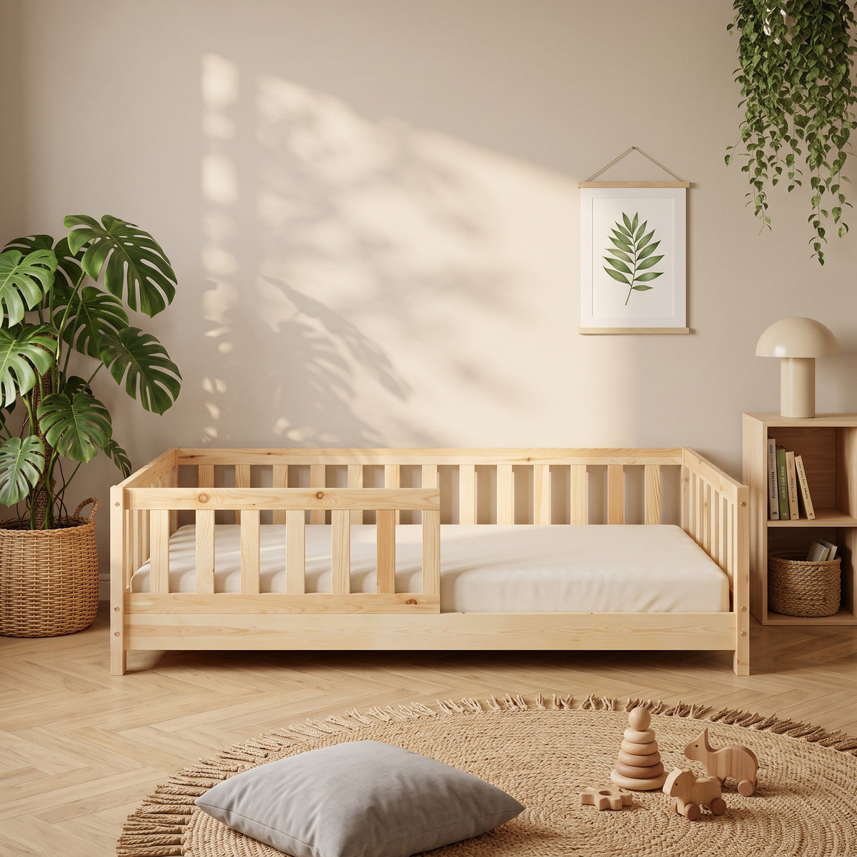 Lit Montessori - TIMO 90x190 - Bois Naturel avec Barrières de Sécurité