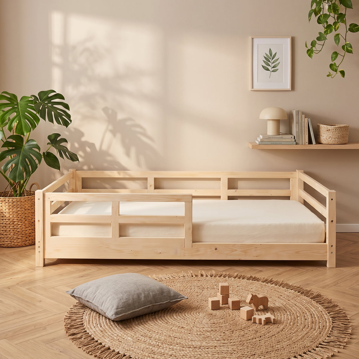 Lit Montessori NOA 90x190 - Bois Naturel avec Barrières et Tiroirs + Sommier Inclus