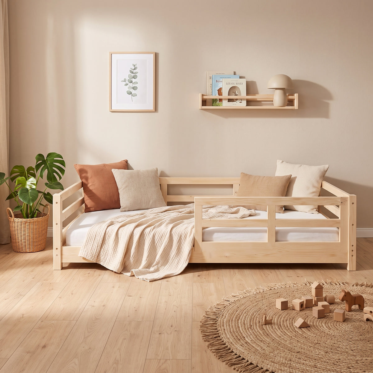 Lit Montessori NOA 90x190 - Bois Naturel avec Barrières et Tiroirs + Sommier Inclus