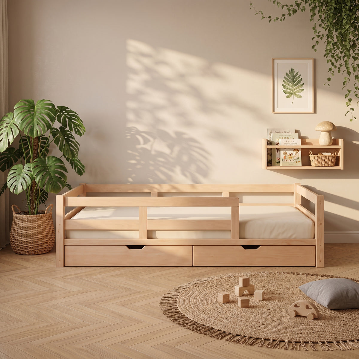 Lit Montessori NOA 90x190 - Bois Naturel avec Barrières et Tiroirs + Sommier Inclus