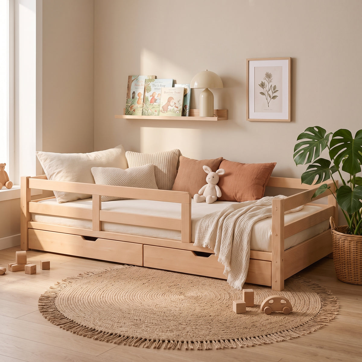 Lit Montessori NOA 90x190 - Bois Naturel avec Barrières et Tiroirs + Sommier Inclus