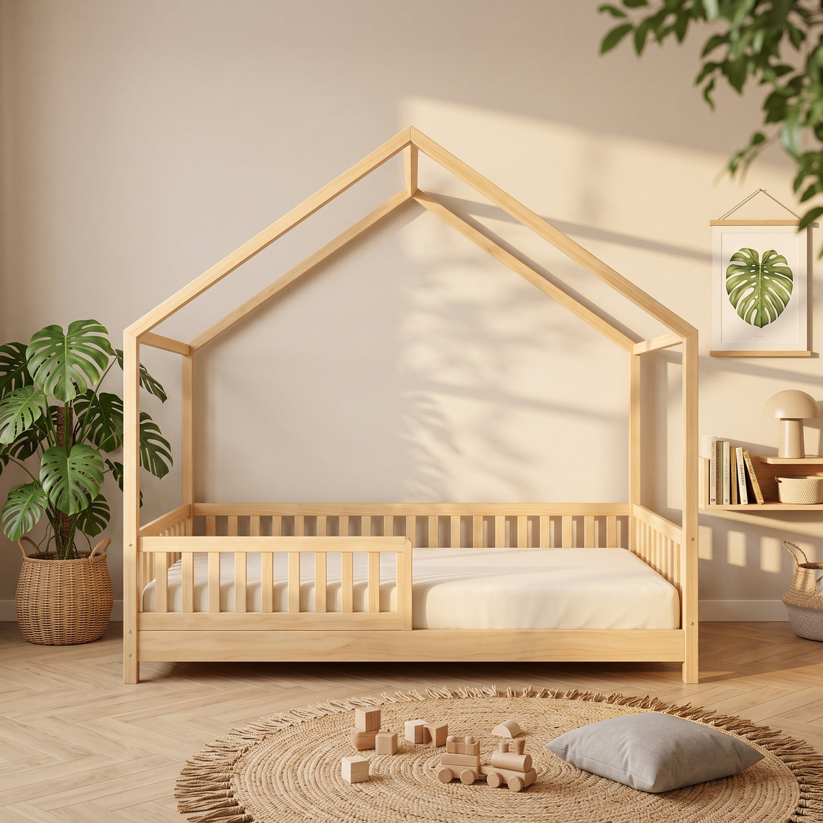Lit Cabane ZOE 90x190 - Bois Naturel avec Barrière + Sommier Inclus