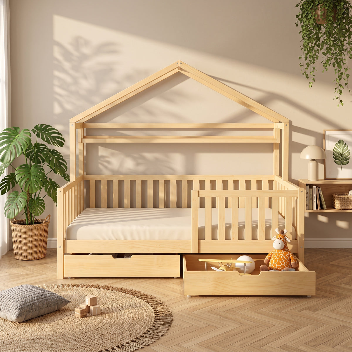 Lit Cabane ELIO 90x190 cm - Bois de Pin Naturel avec Étagère, Tiroirs et Barrière