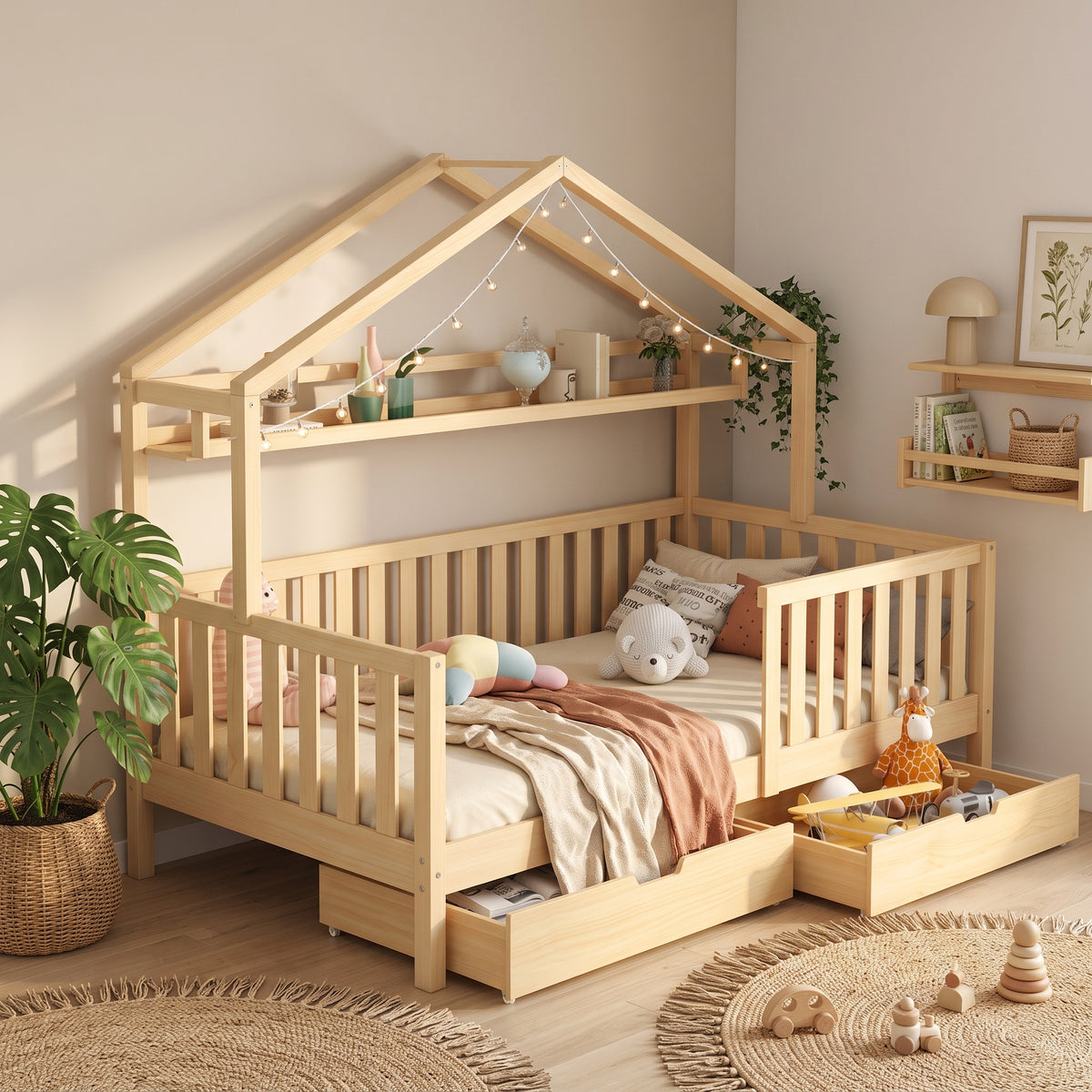 Lit Cabane ELIO 90x190 cm - Bois de Pin Naturel avec Étagère, Tiroirs et Barrière