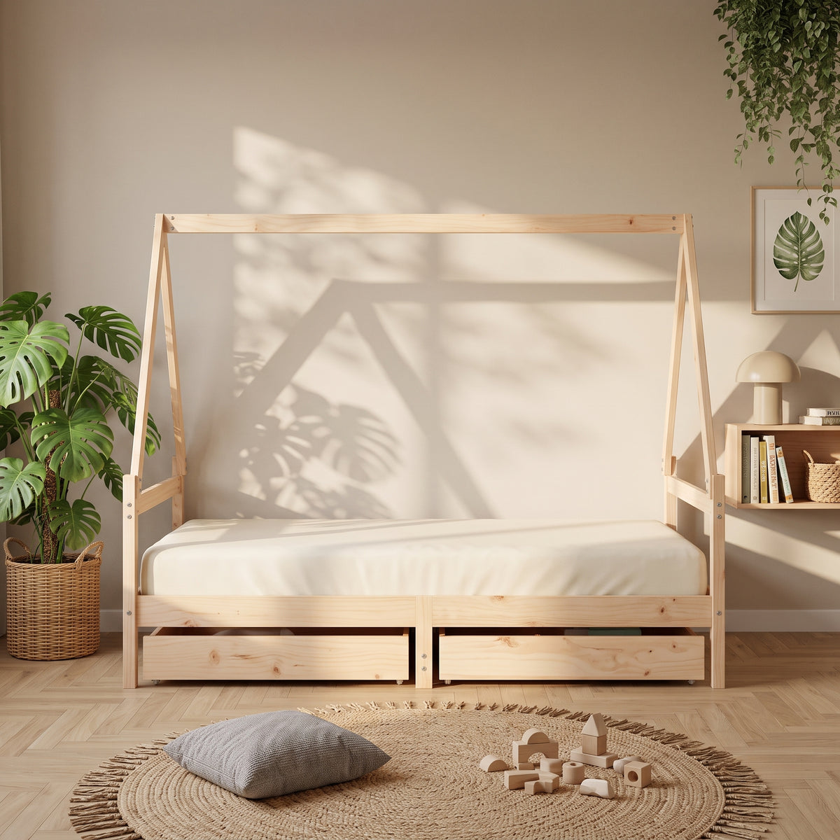 Lit Cabane SACHA 90x 190 cm -  Bois Massif avec Tiroirs de Rangement