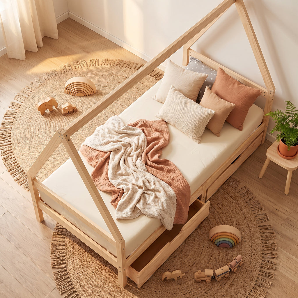 Lit Cabane SACHA 90x 190 cm -  Bois Massif avec Tiroirs de Rangement
