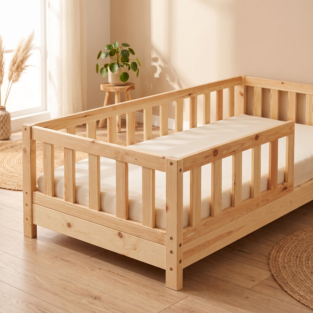 Lit Montessori - TIMO 90x190 - Bois Naturel avec Barrières de Sécurité
