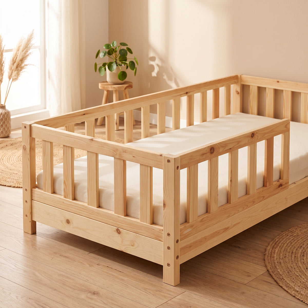 Lit Montessori - TIMO 90x190 - Bois Naturel avec Barrières de Sécurité