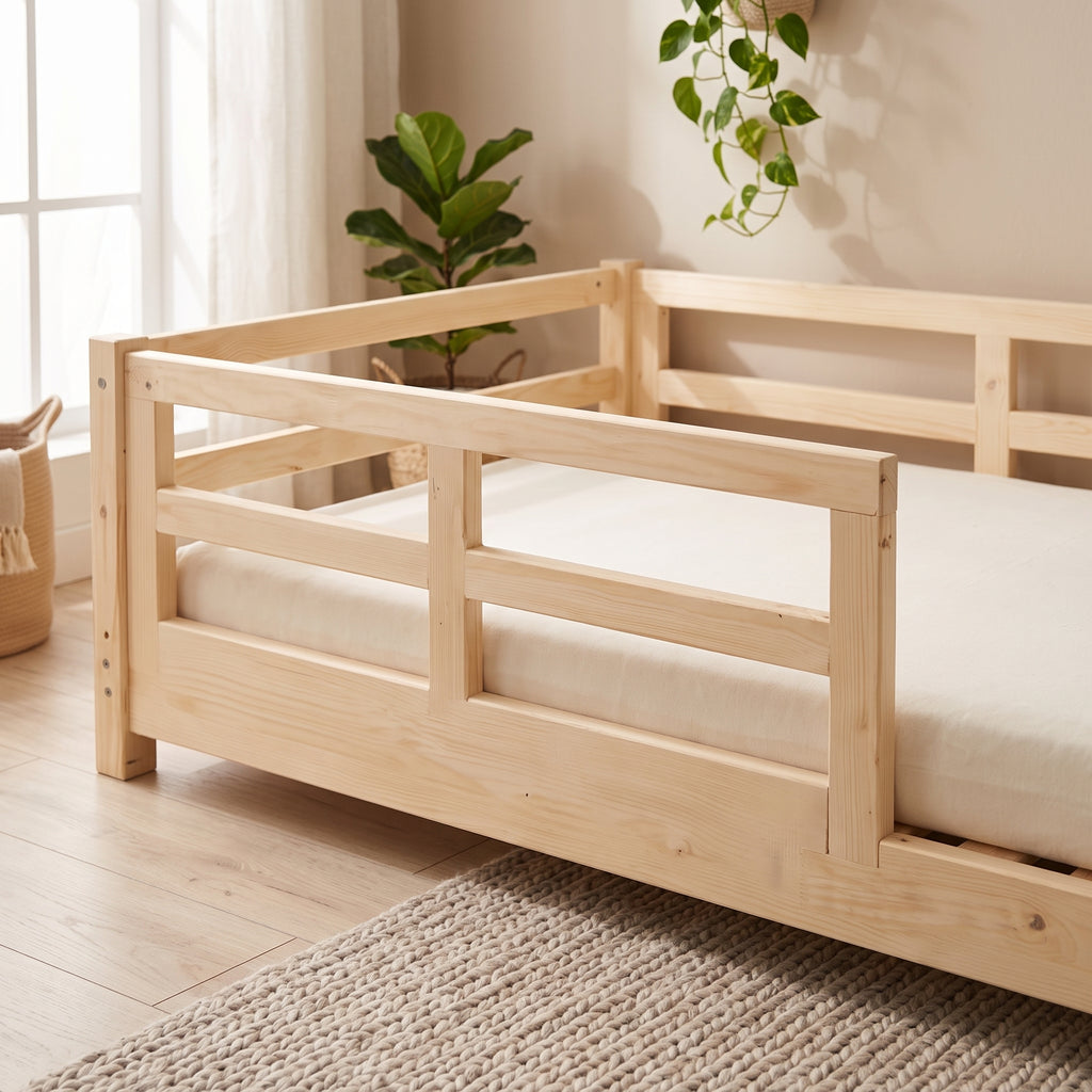 Lit Montessori NOA 90x190 - Bois Naturel avec Barrières et Tiroirs + Sommier Inclus