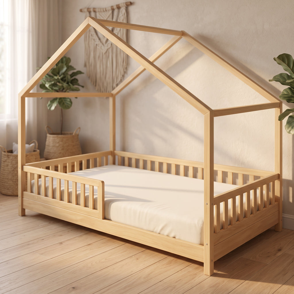 Lit Cabane ZOE 90x190 - Bois Naturel avec Barrière + Sommier Inclus
