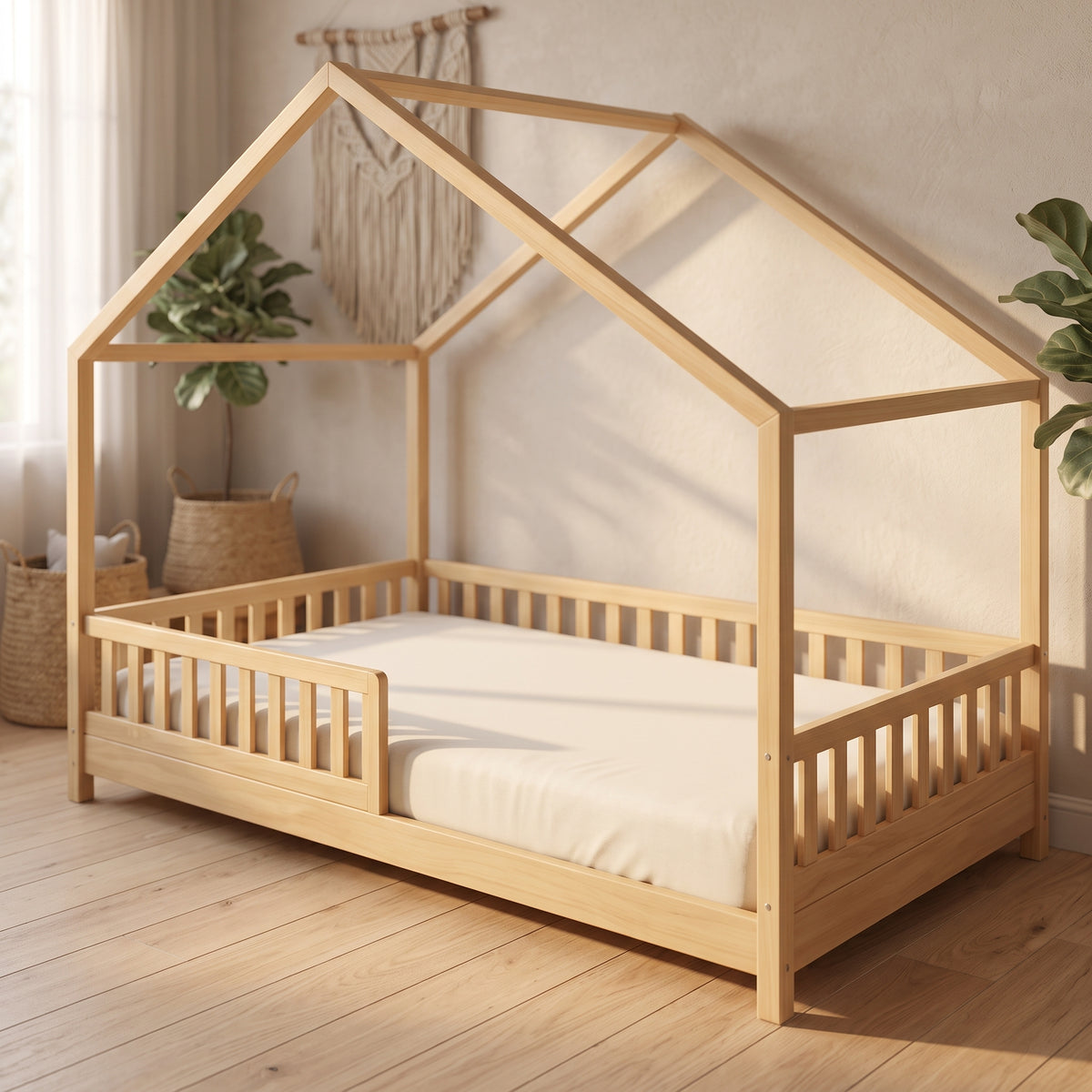 Lit Cabane ZOE 90x190 - Bois Naturel avec Barrière + Sommier Inclus