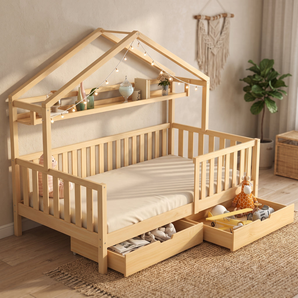 Lit Cabane ELIO 90x190 cm - Bois de Pin Naturel avec Étagère, Tiroirs et Barrière