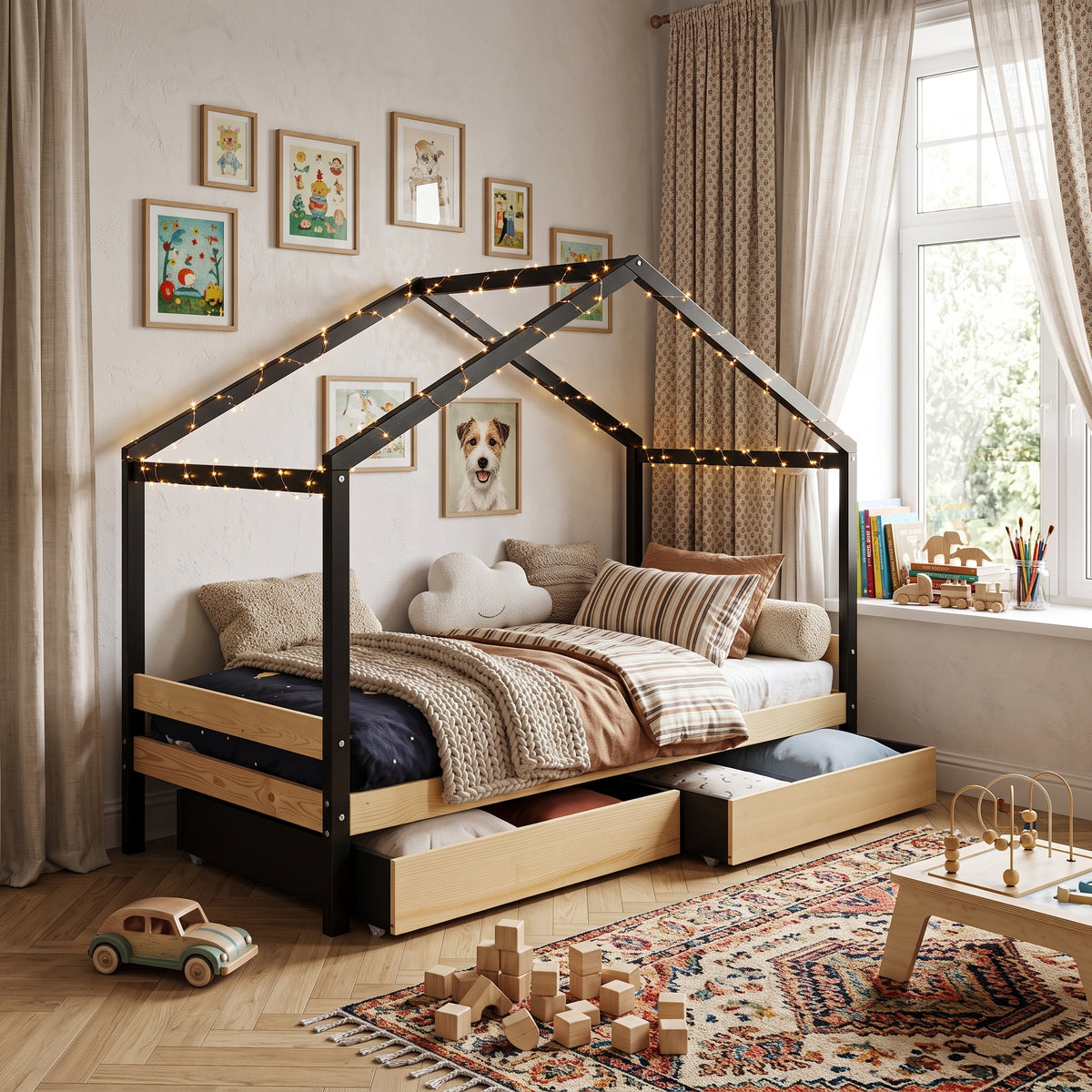 Lit Cabane ETOILE 90x190 - Brut et Noir + 2 Tiroirs + Sommier Inclus
