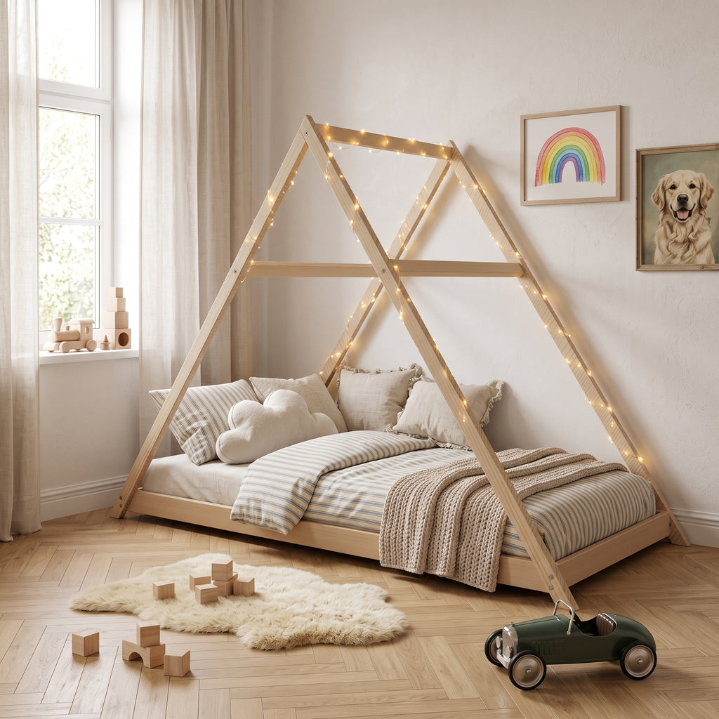 Lit Cabane APACHE 90x190 - Bois Brut Naturel + Sommier Inclus