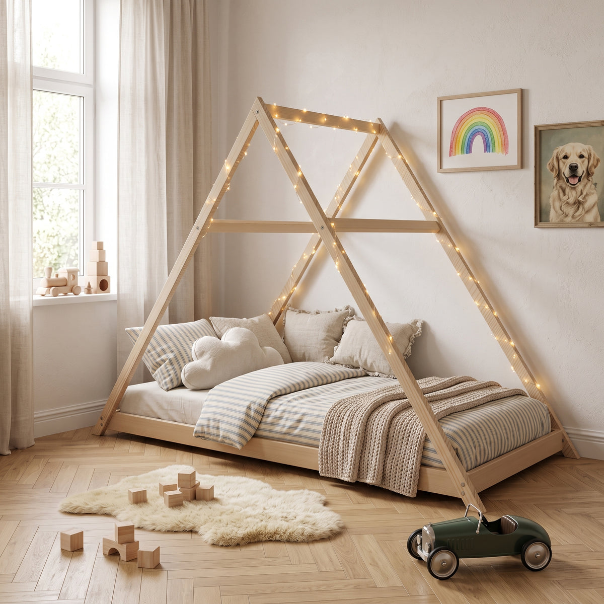 Lit Cabane APACHE 90x190 - Bois Brut Naturel + Sommier Inclus
