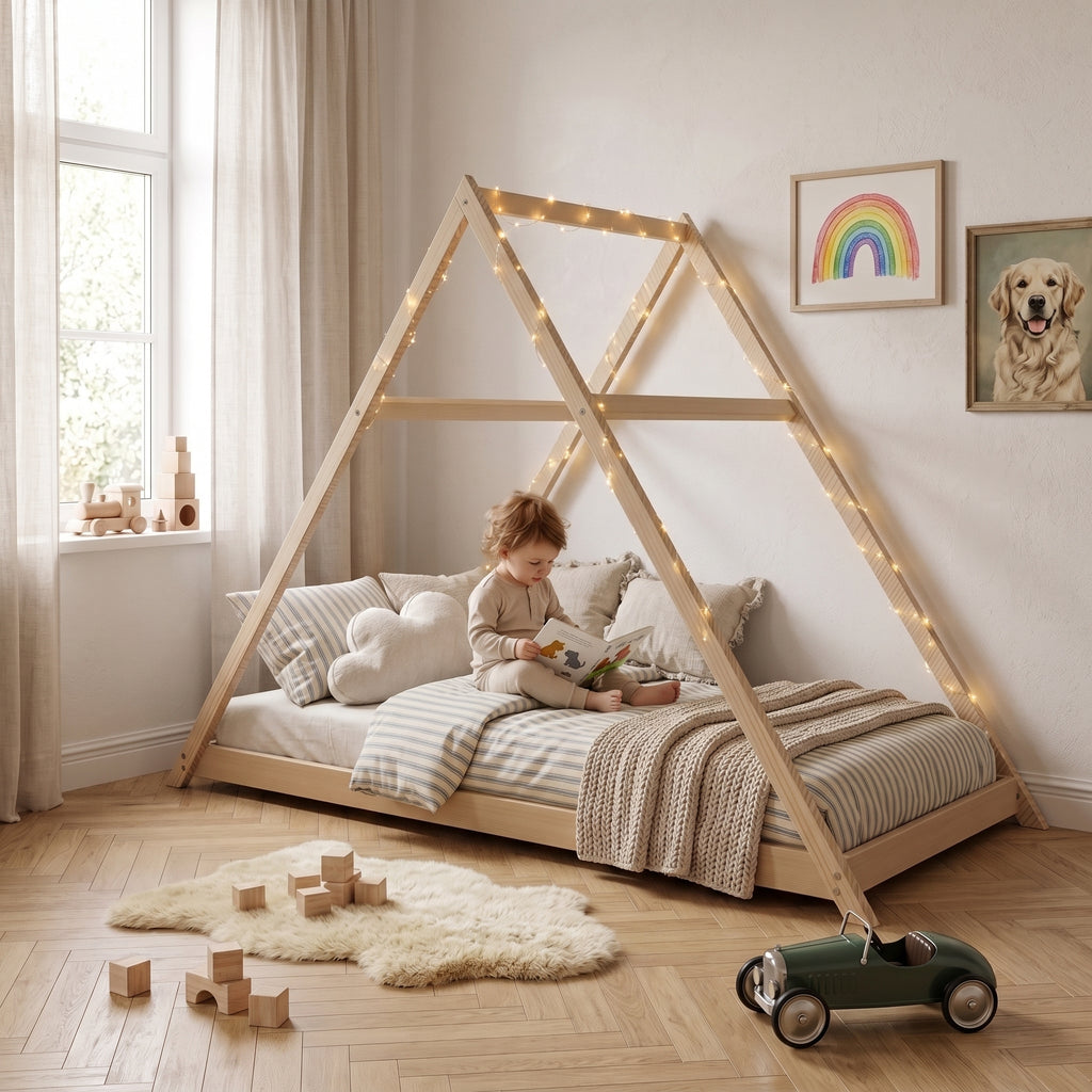 Lit Cabane APACHE 90x190 - Bois Brut Naturel + Sommier Inclus