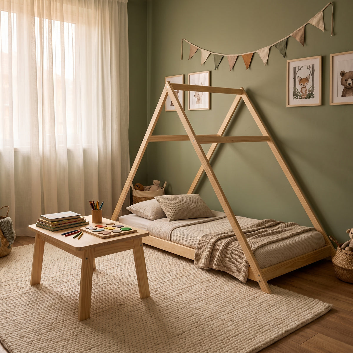 Lit Cabane APACHE 90x190 - Bois Brut Naturel + Sommier Inclus