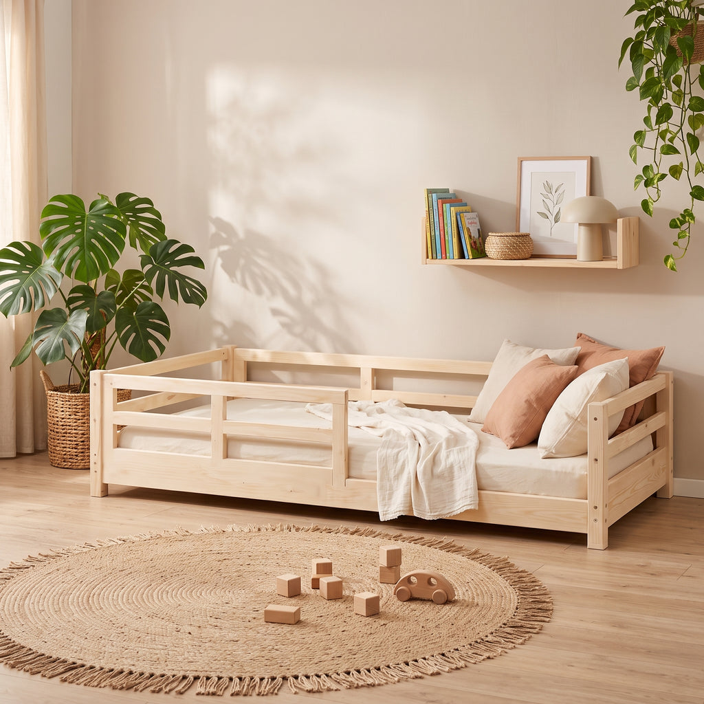 Lit Montessori NOA 90x190 - Bois Naturel avec Barrières et Tiroirs + Sommier Inclus