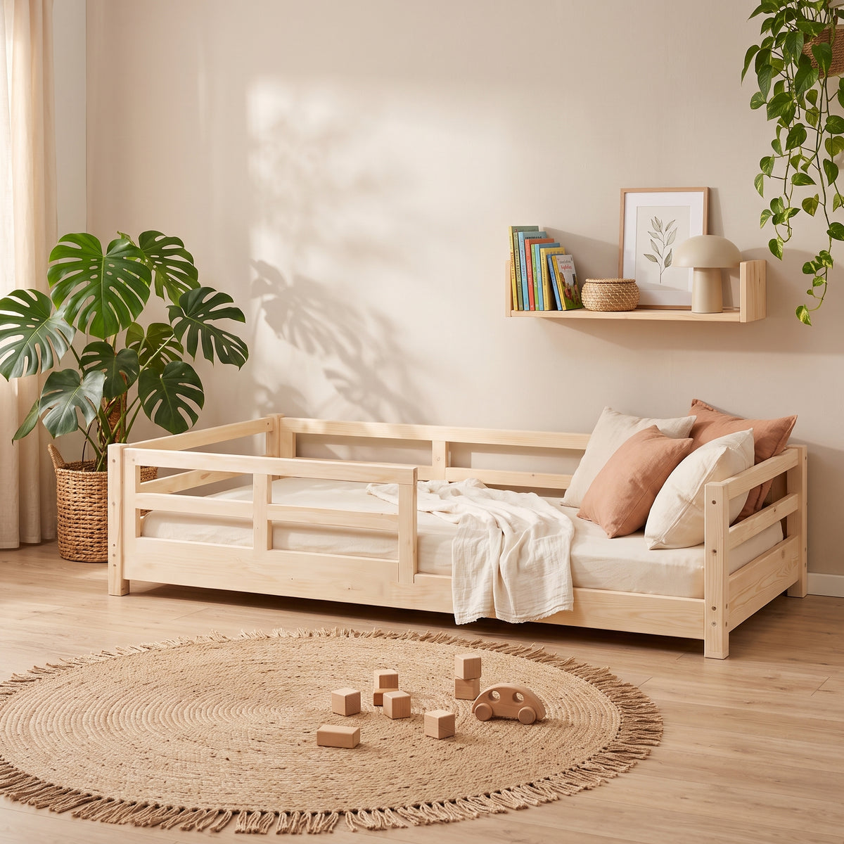 Lit Montessori NOA 90x190 - Bois Naturel avec Barrières et Tiroirs + Sommier Inclus